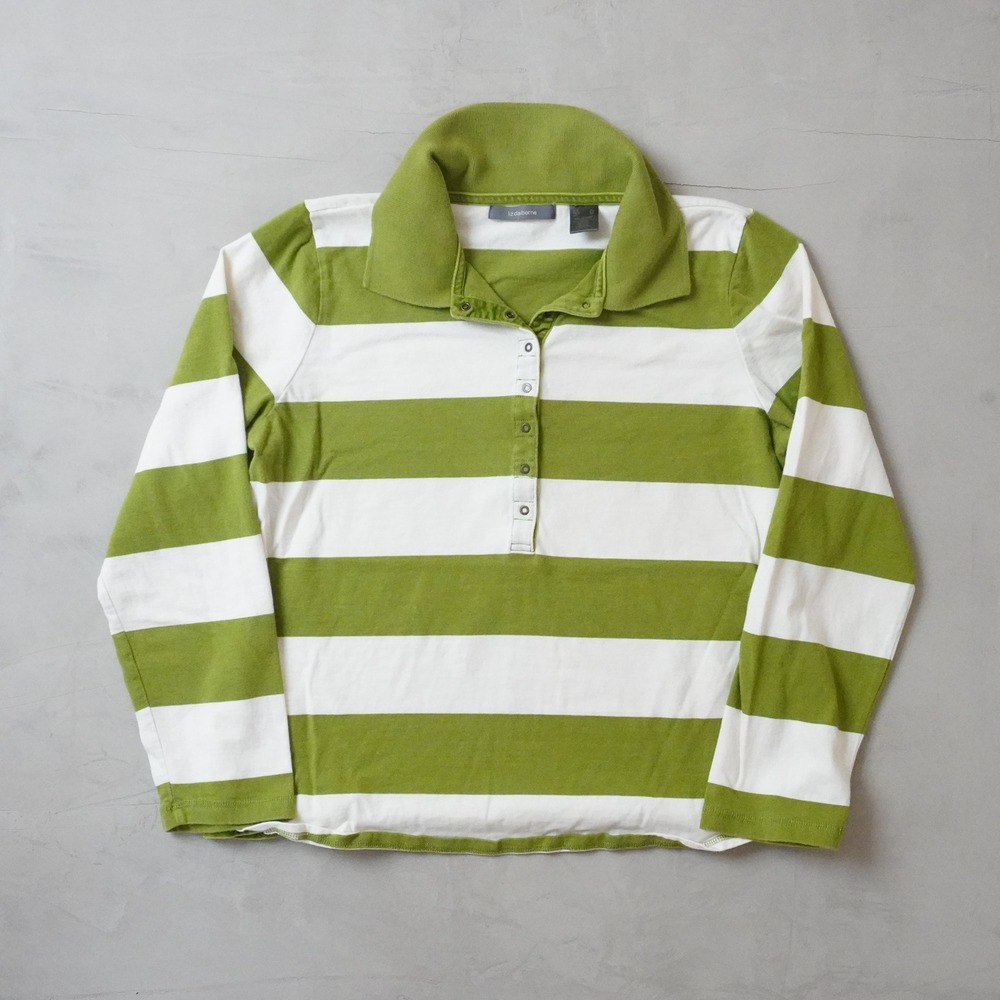 Liz Claiborne Womens XL Green White Striped Long Sleeve Polo Shirt Casual Cotton